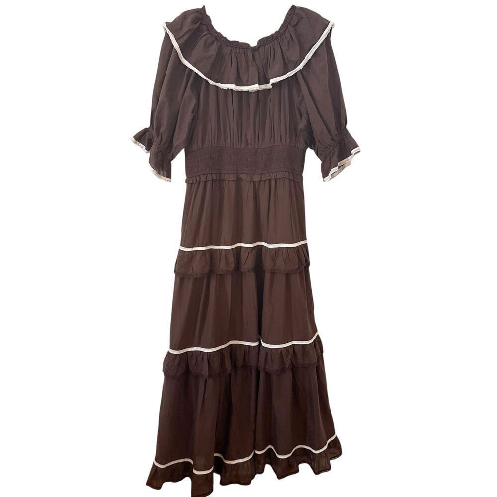 Anthropologie Puff Sleeve Scoop-Neck Tiered Maxi Dress Brown Western Size L - Picture 8 of 12